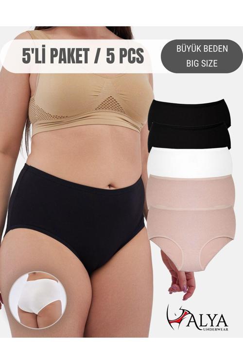 Kadın Battal Külot 5'li Paket, Yüksek Bel- 2 Adet Siyah, 1 Adet Beyaz, 2 Adet Ten (5XL, 6XL, 7XL)