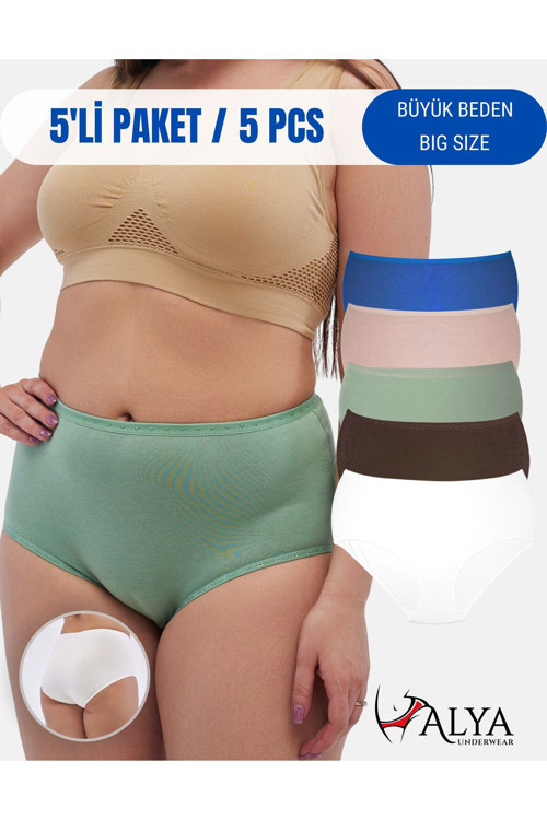 Kadın Büyük Beden Külot Battal Full Brief, Yüksek Bel (5XL, 6XL, 7XL) 5 Farklı Renk 1 Pakette