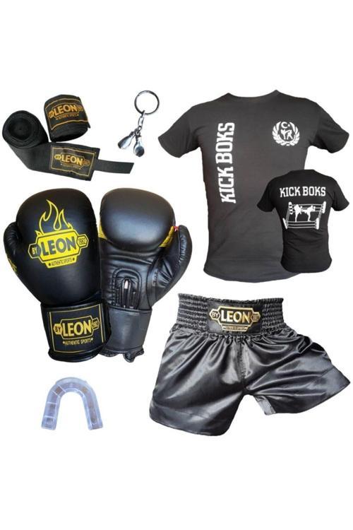 Siyah Boks Eldiveni + Leon Kick Boks Şortu + Tişört + Bandaj + Dişlik Seti