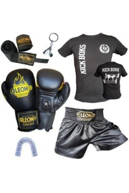 Boks Eldiveni, Leon Kick Boks Şortu, Tişört, Bandaj, Dişlik, Seti Siyah