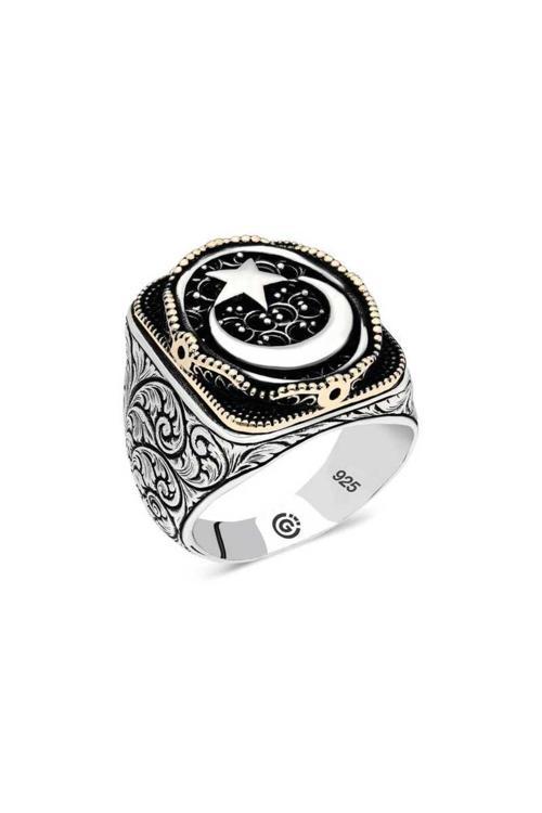 Gümüş Ay Yıldız Oval Erkek Yüzük