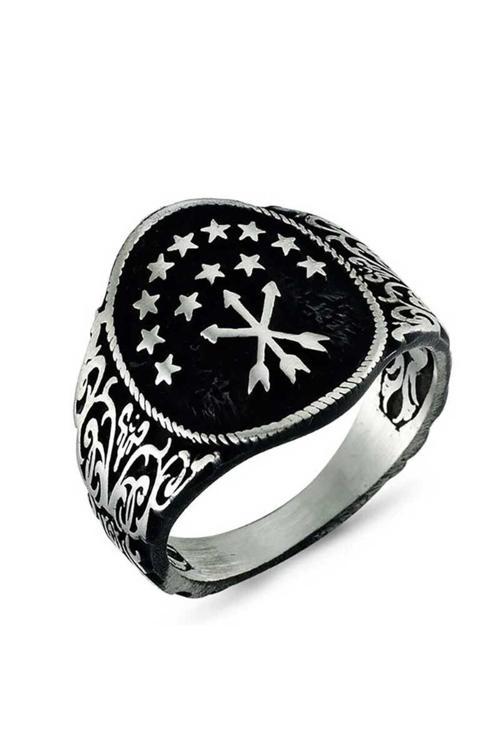 Gümüş Çerkes Bayrağı Motifli Erkek Yüzük