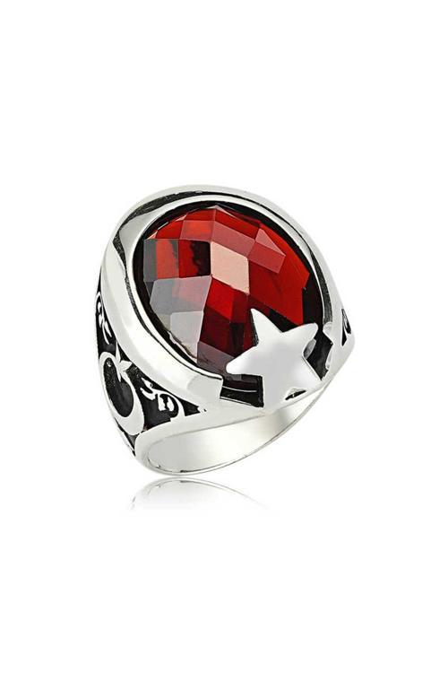 Gümüş Kırmızı Taşlı Ay Yıldız Erkek Yüzük