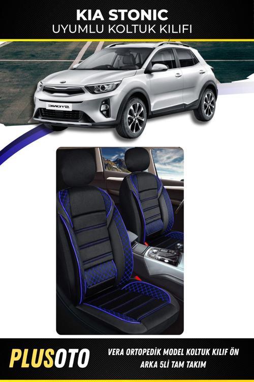 Kia Stonic Uyumlu Vera Serisi Siyah Mavi Oto Koltuk Kılıfı 5Li Takım Set M-498