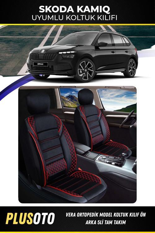 Skoda Kamiq Uyumlu Vera Serisi Siyah Kırmızı Oto Koltuk Kılıfı 5Li Takım Set M-899