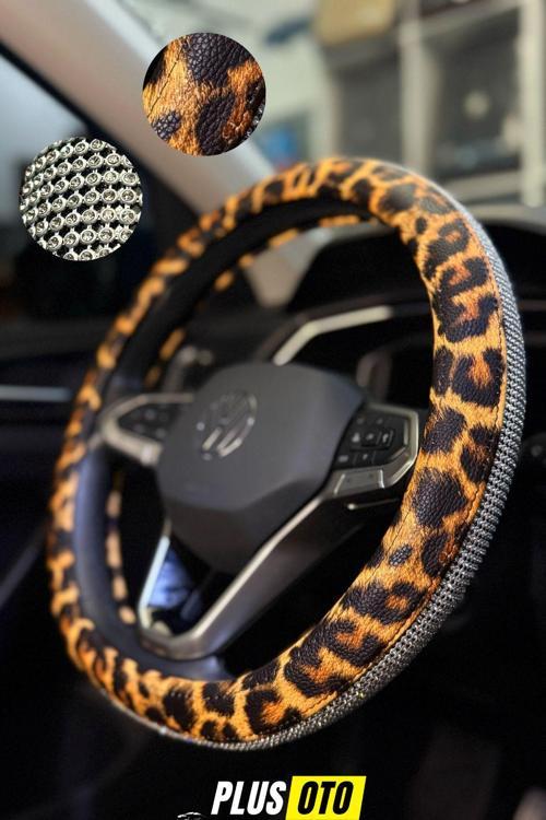 Kadınlara Özel Leopar Desen Daimond Taşlı Geçmeli Direksiyon Kılıfı Kolay Kullanım