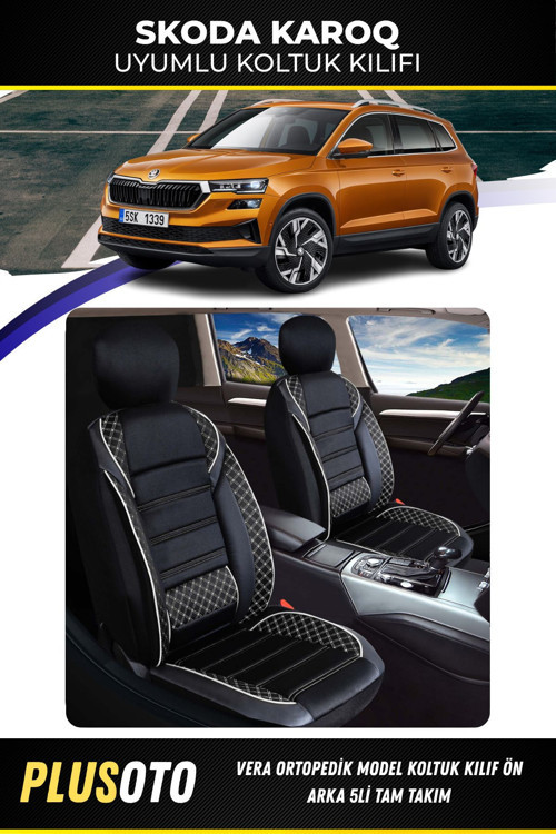 Skoda Karoq Uyumlu Vera Serisi Siyah Beyaz Oto Koltuk Kılıfı 5Li Takım Set M-904