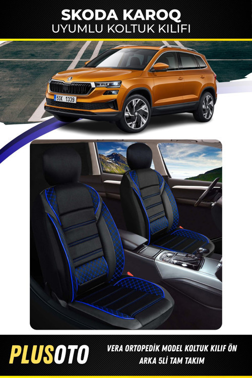 Skoda Karoq Uyumlu Vera Serisi Siyah Mavi Oto Koltuk Kılıfı 5Li Takım Set M-906