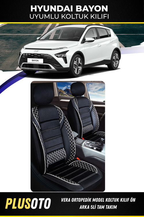 Hyundai Bayonuyumlu Vera Serisi Siyah Beyaz Oto Koltuk Kılıfı 5Li Takım Set M-358