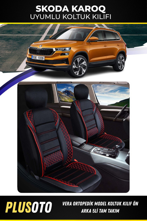 Skoda Karoquyumlu Vera Serisi Siyah Kırmızı Oto Koltuk Kılıfı 5Li Takım Set M-905