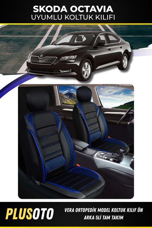 Skoda Octavia Uyumlu Vera Serisi Siyah Mavi Oto Koltuk Kılıfı 5Li Takım Set M-918