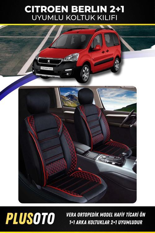 Citroen Berlingo Ticari Uyumlu Vera Serisi Siyah Kırmızı Oto Koltuk Kılıfı 5Li Takım Set T-10