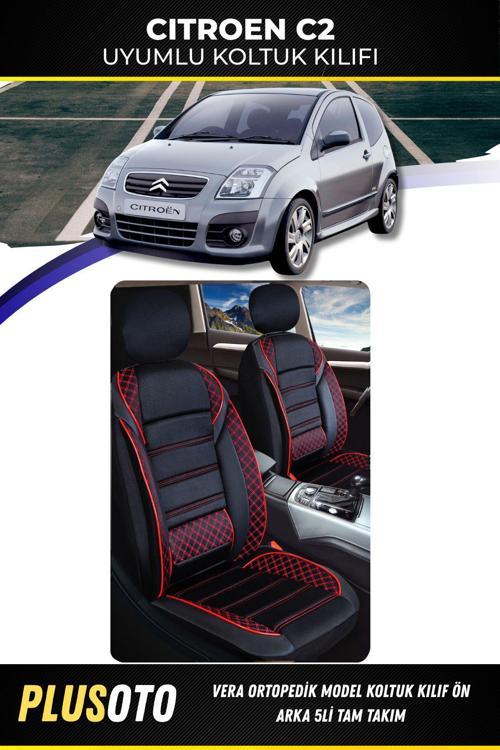 Citroen C2 Uyumlu Vera Serisi Siyah Kırmızı Oto Koltuk Kılıfı 5Li Takım Set M-47