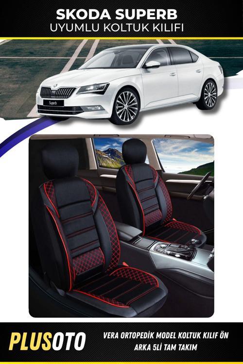 Skoda Superb Uyumlu Vera Serisi Siyah Kırmızı Oto Koltuk Kılıfı 5Li Takım Set M-935