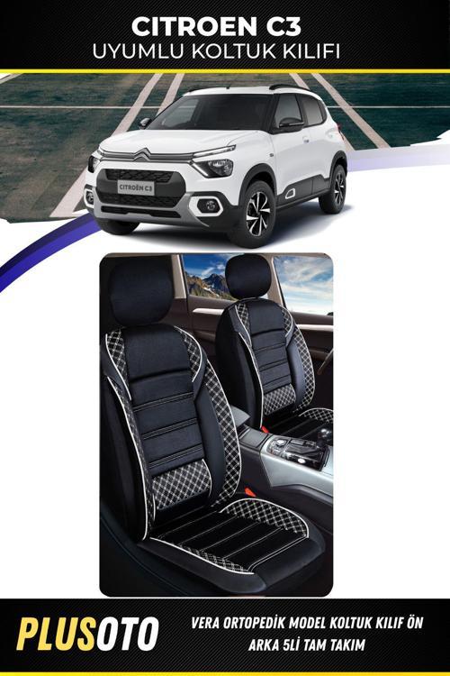 Citroen C3 Uyumlu Vera Serisi Siyah Beyaz Oto Koltuk Kılıfı 5Li Takım Set M-52