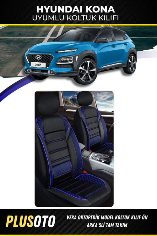Hyundai Kona Uyumlu Vera Serisi Siyah Mavi Oto Koltuk Kılıfı 5Li Takım Set M-426