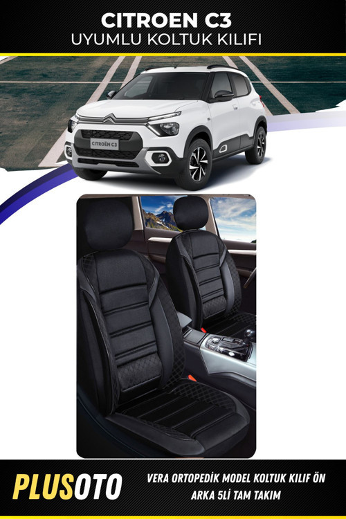 Citroen C3Uyumlu Vera Serisi Siyah Oto Koltuk Kılıfı 5Li Takım Set M-55