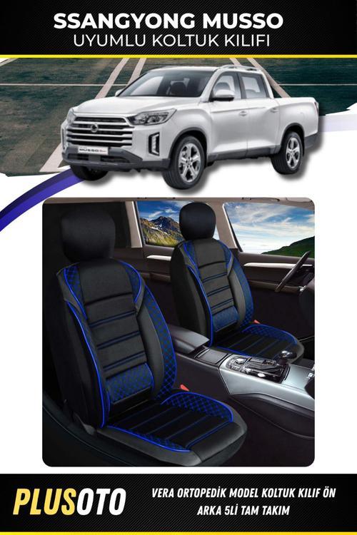 Ssangyong Musso Uyumlu Vera Serisi Siyah Mavi Oto Koltuk Kılıfı 5Li Takım Set M-966