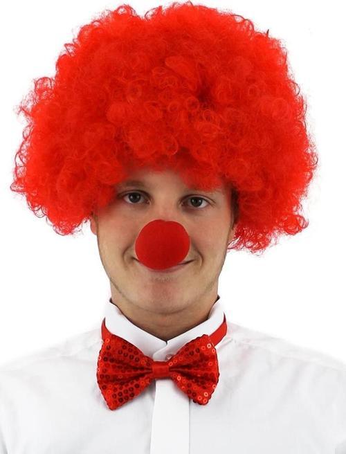 Kırmızı Renk Kıvırcık Afro Bonus Peruk Takma Saç ve Kırmızı Burun Seti