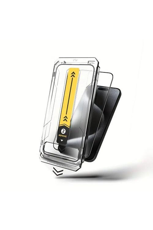 20068310 Apple İphone 16 Pro Uyumlu Kolay Uygulama Aparatlı Temperli Cam Tam Kaplayan Ekran Koruyucu