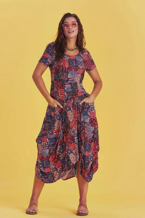 Bohem Tarz Cepli Yarım Kollu Uzun Elbise