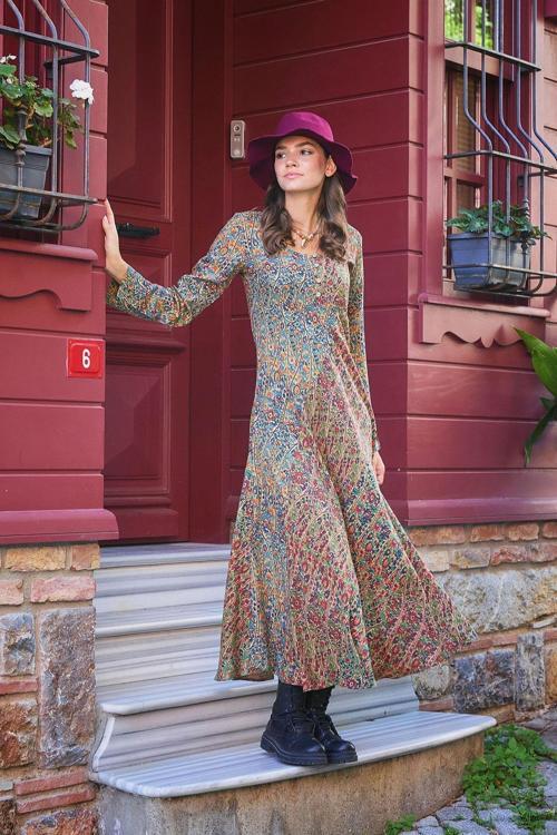 Yeşil Pera Desenli Uzun Kollu Kışlık Patch Elbise