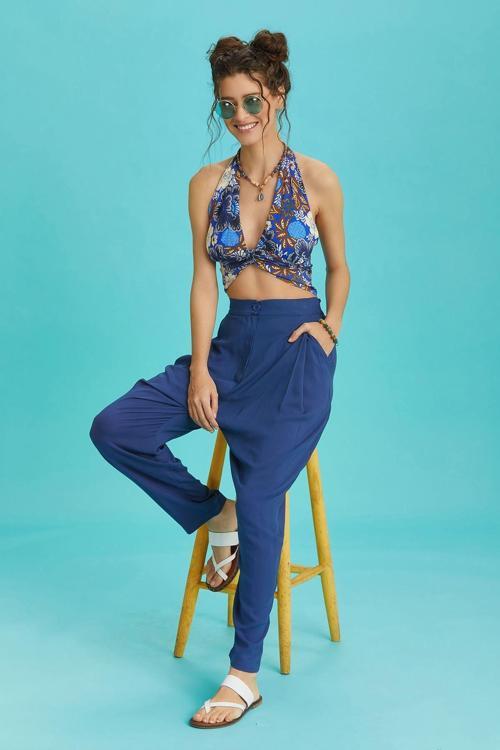 Beli Lastikli Pileli Indigo Yazlık Pantolon