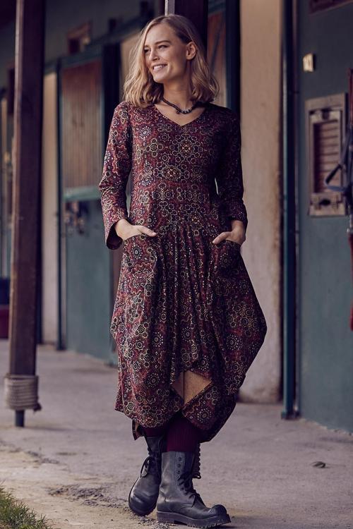 Asimetrik V Yaka Beli Bağlamalı Uzun Kollu Elbise