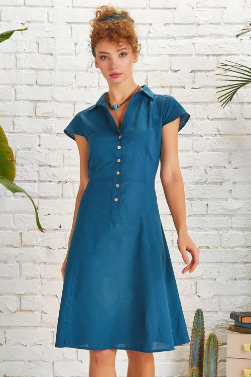 Gömlek Yaka Ön Düğmeli Kısa Kollu Kloş Elbise