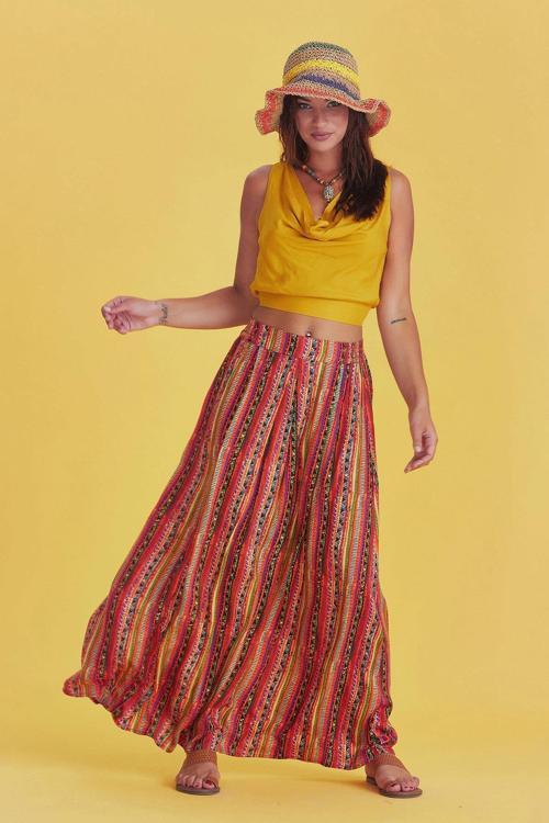 Rahat Kesim Beli Lastikli Desenli Pileli Uzun Etek