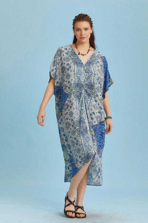 V Yaka Önü Düğümlü Mavi Yarasa Kol Elbise