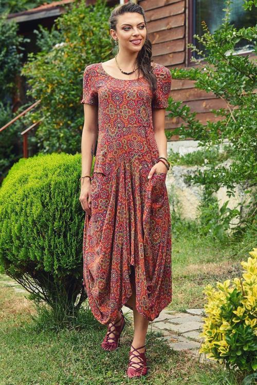 Otantik Havuz Yaka Yarım Kollu Uzun Elbise