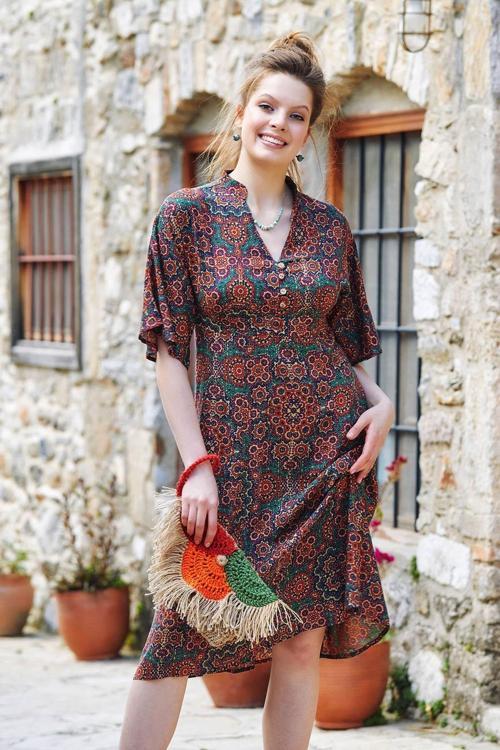 Düğme Detaylı V Yaka Yarım Kol Yazlık Elbise