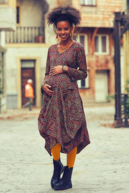 Kadın Retro Desen Çiçek Desenli V Yaka Balon Etekli Hamile Elbise