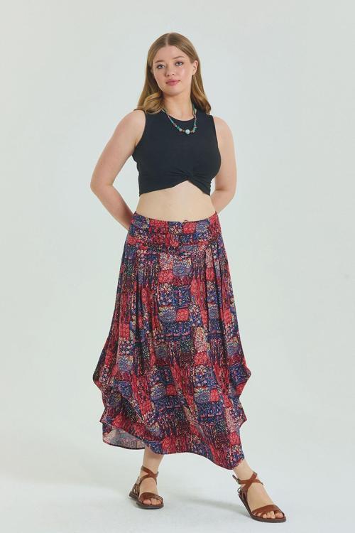 Beli Lastikli Drape Detaylı Büyük Beden Etek