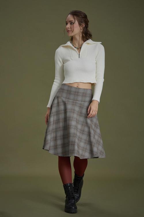 Bohem Tarz Kahve Gri Kareli Kloş Etek