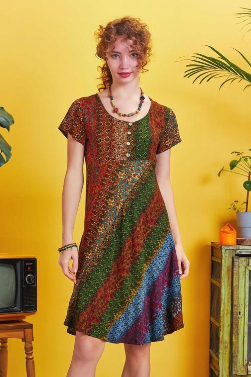 Önü Düğmeli Patchwork Kısa Kol Bohem Elbise