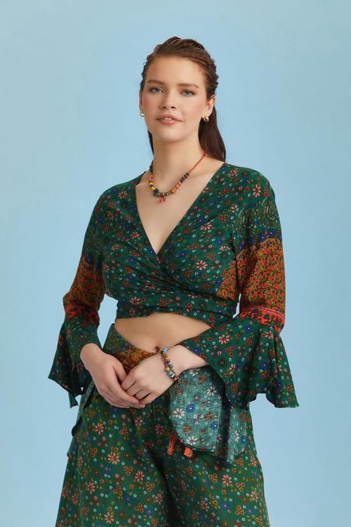 Yeşil Çiçekli Desenli Ispanyol Kol Crop Bluz