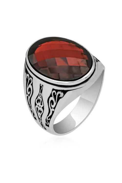 Gümüş Kırmızı Zirkon Taşlı Erkek Yüzük