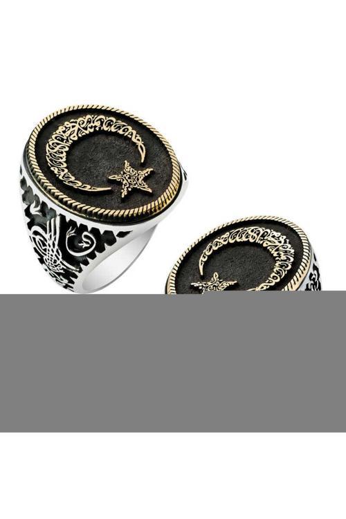 Gümüş Göktürkçe Alfabesi Yazılı Ay Yıldız Erkek Yüzük