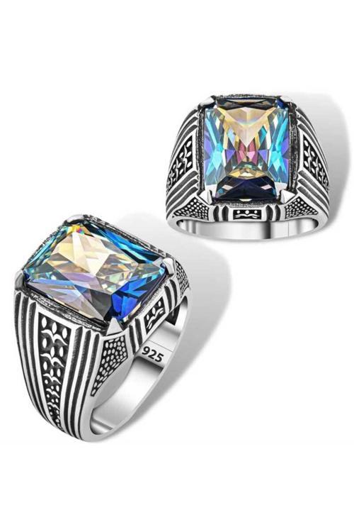 Gümüş Mistik Topaz Kare Erkek Yüzük