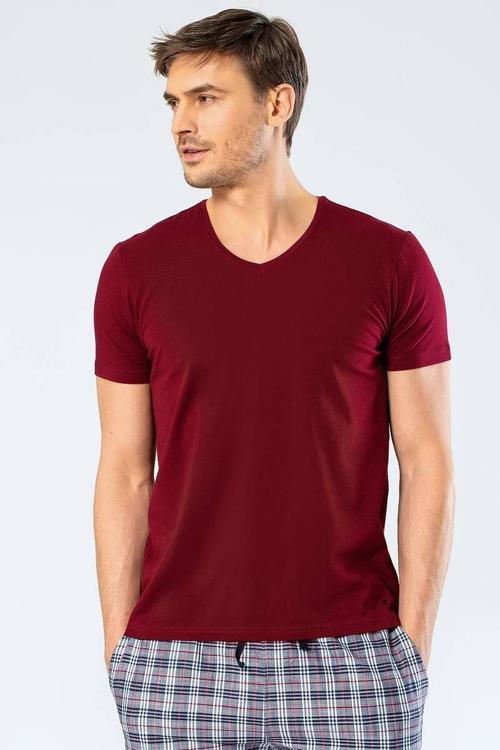 Erkek V Yaka Likralı T-shirt Bordo