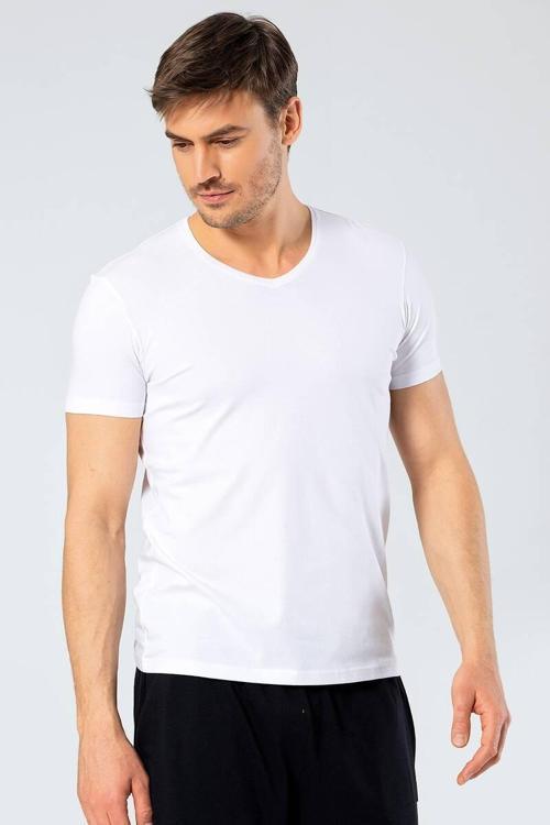 Erkek V Yaka Likralı T-shirt Beyaz