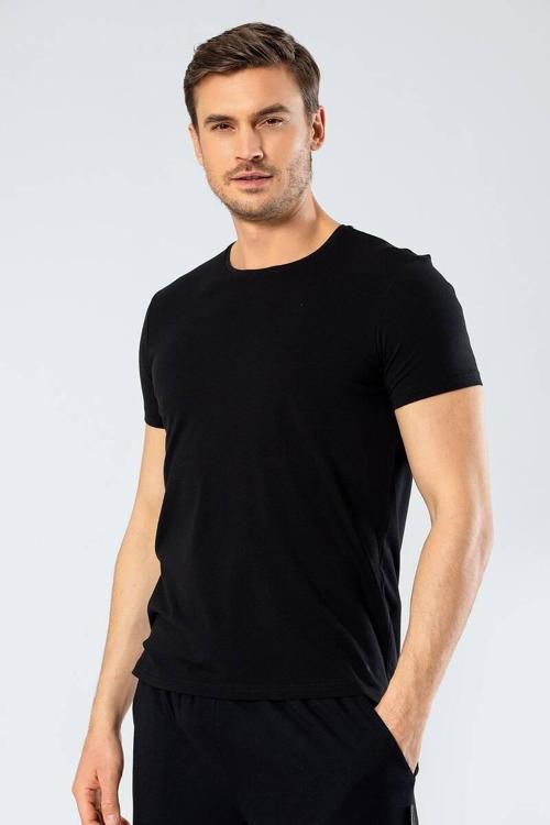 Erkek Siyah Bisiklet Yaka Likralı T-shirt