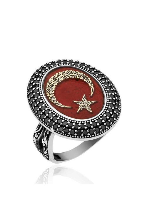 Gümüş Göktürkçe Alfabesi Yazılı Ay Yıldız  Yüzük