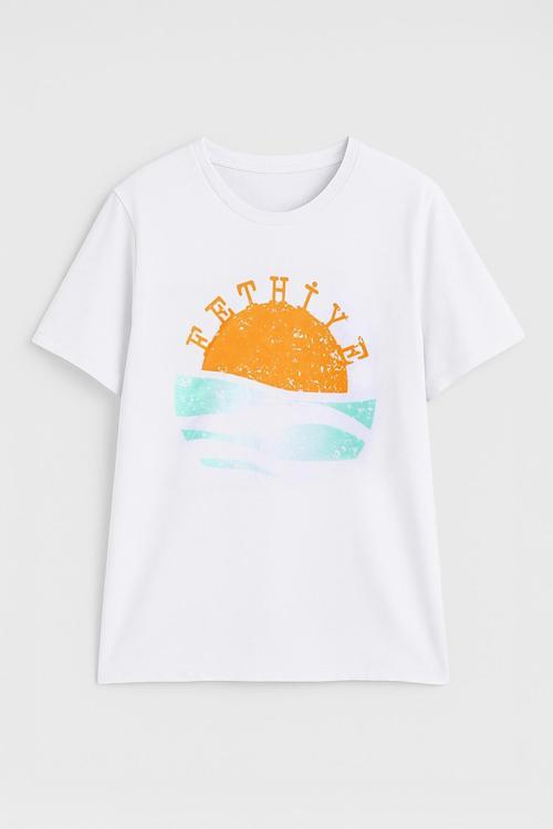 Kadın Bisiklet Yaka %100 Pamuk Fethiye Baskılı Kısa Kollu T-Shirt