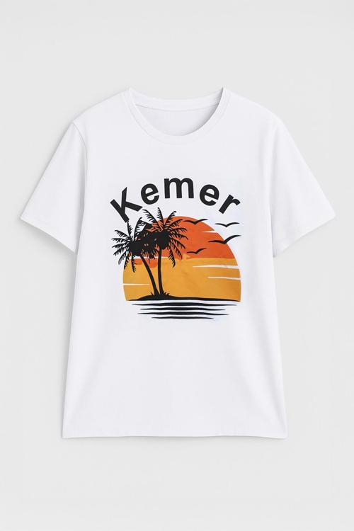 Kadın Bisiklet Yaka %100 Pamuk Kemer Baskılı Kısa Kollu T-Shirt