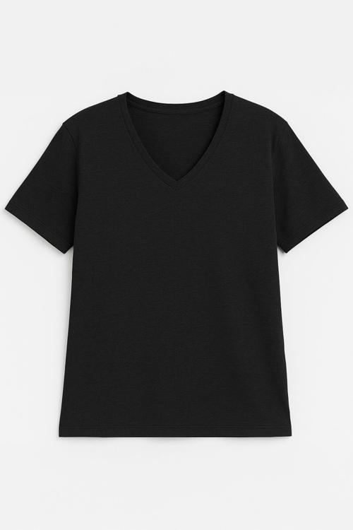 Kadın V Yaka Kısa Kollu Düz T-Shirt