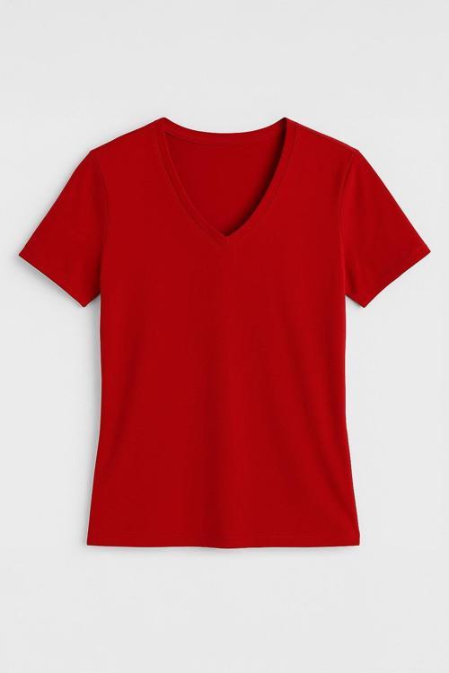 Kadın V Yaka Kısa Kollu Düz T-Shirt