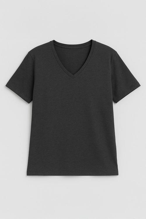Kadın V Yaka Kısa Kollu Düz T-Shirt